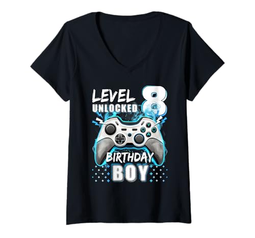 Damen Level 8 Unlocked Birthday Boy 8th Unlocked Videospiel T-Shirt mit V-Ausschnitt Damen Level 8 Unlocked Birthday Boy 8th Unlocked Videospiel T-Shirt mit V-Ausschnitt von 8th Birthday Boy 8 Year old Level 8 Unlocked