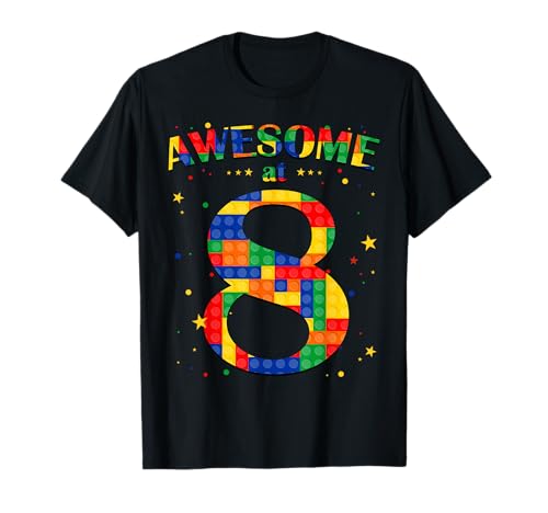 Building Blocks Bricks Awesome at 8 Years Old Birthday Boy T-Shirt von 8th Birthday Building Blocks Brick Theme Party