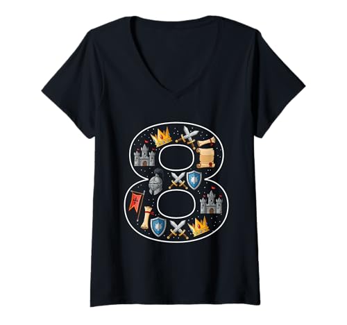 Damen Ritterschloss zum 8. Geburtstag, 8 Jahre alt, Jungen, Mittelalter T-Shirt mit V-Ausschnitt Damen Ritterschloss zum 8. Geburtstag, 8 Jahre alt, Jungen, Mittelalter T-Shirt mit V-Ausschnitt von 8th Birthday Knight Castle 8 Years old Boys