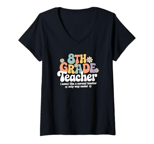 Damen Retro Groovy Lehrer der 8. Klasse Mittelschule Zurück zur Schule T-Shirt mit V-Ausschnitt Damen Retro Groovy Lehrer der 8. Klasse Mittelschule Zurück zur Schule T-Shirt mit V-Ausschnitt von 8th Grade Teacher Apparel for Women & Men