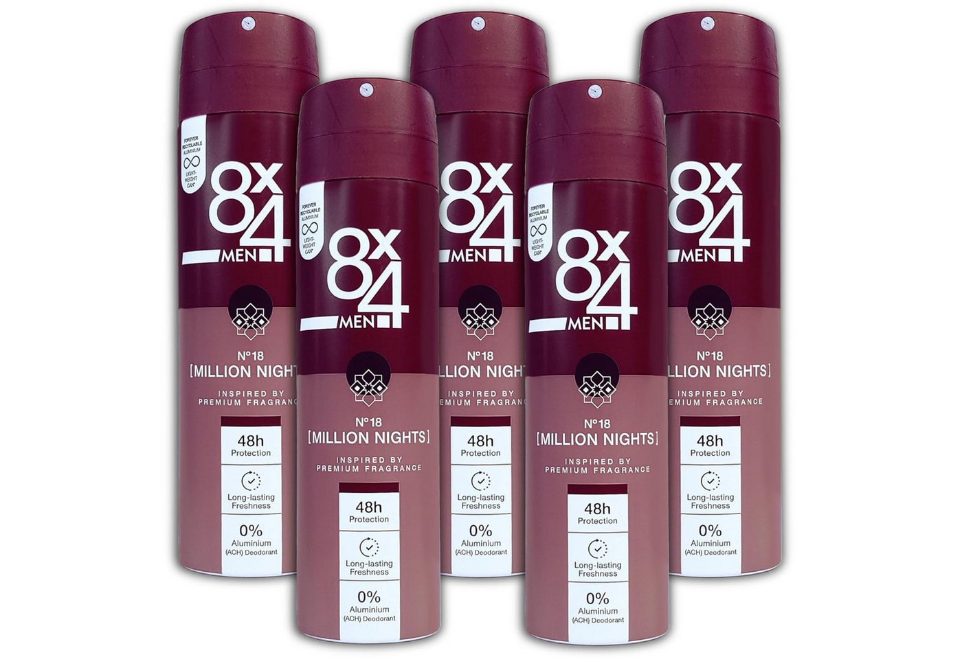 8x4 Deo-Spray 5er Pack 8x4 MEN Anti-Transpirant Spray N°18 Million Nights 5 x 150ml, 5-tlg., Deospray von 8x4