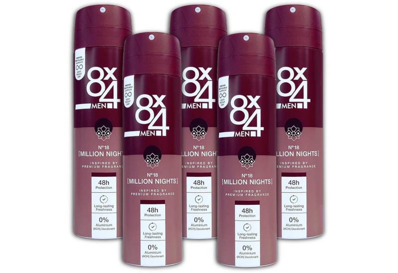 8x4 Deo-Spray 5er Pack 8x4 MEN Anti-Transpirant Spray N°18 Million Nights 5 x 150ml, 5-tlg., Deospray von 8x4