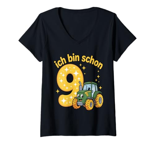 Damen Kinder 9 Geburtstag Junge Traktor Outfit Ich Bin Schon 9 T-Shirt mit V-Ausschnitt von 9 Year Tractors Birthday