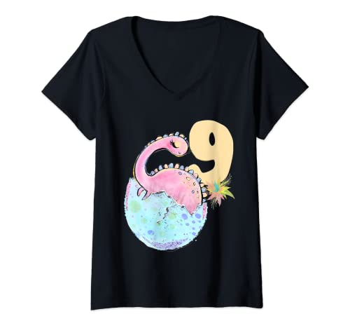 Damen 9. Geburtstag Outfit Mädchen Dinosaurier Pink Dino Egg Nine T-Shirt mit V-Ausschnitt von 9. Geburtstag T-Shirts NYC