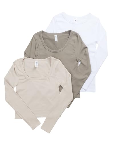 90 Degree By Reflex Damen 3er-Pack geripptes nahtloses Langarm-Top mit Rundhalsausschnitt, U-Ausschnitt und quadratischem Ausschnitt, Kristallgrau/Satellit/Weiß, Klein von 90 Degree By Reflex