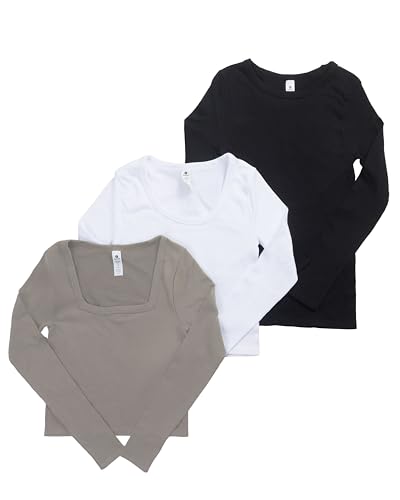 90 Degree By Reflex Damen 3er-Pack geripptes nahtloses Langarm-Top mit Rundhalsausschnitt, U-Ausschnitt und quadratischem Ausschnitt, Satellit/Weiß/Schwarz, Klein von 90 Degree By Reflex