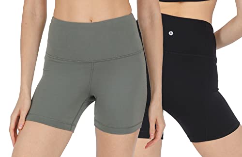 90 Degree By Reflex High Waist Power Flex Yoga Shorts - Bauchkontrolle Biker Shorts für Frauen 2er Pack, Schwarz/geflammtes Basilikum, 12,7 cm, Klein von 90 Degree By Reflex