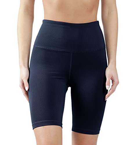 90 Degree By Reflex High Waist Power Flex Yoga Shorts - Bauchkontrolle Bikershorts für Damen, Dunkelmarineblau, 22,9 cm gerippt, Groß von 90 Degree By Reflex