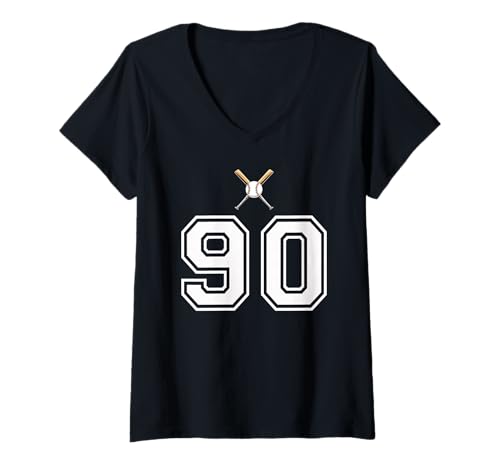 Damen 90 Nummer Baseball Style Vintage Weiß T-Shirt mit V-Ausschnitt Damen 90 Nummer Baseball Style Vintage Weiß T-Shirt mit V-Ausschnitt von 90 Nummer Baseball Style Weiß