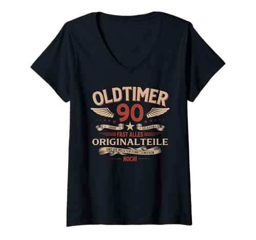 Damen 90. Geburtstag Mann Geschenk Oldtimer 1935 90 Jahre Deko T-Shirt mit V-Ausschnitt von 90. Geburtstag Geschenk Oldtimer Jahrgang 1935