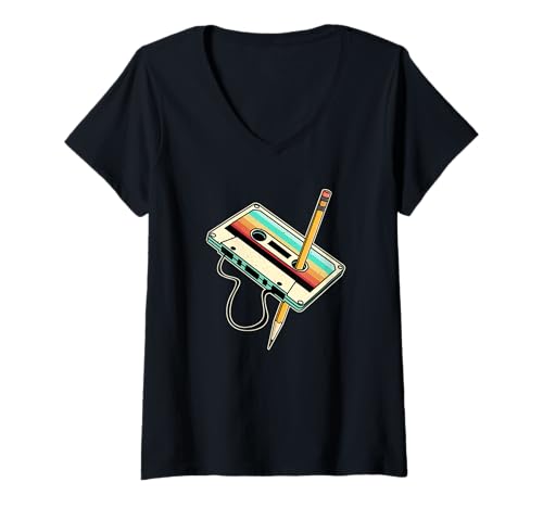 Damen 80er 90er Jahre Retro Party Verkleidung Kassette T-Shirt mit V-Ausschnitt von 90er 80er Retro Kassette Outfits & Geschenk