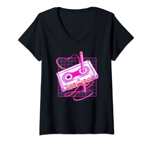 Damen Kassette 80er 90er Jahre Retro Party Verkleidung Kassette T-Shirt mit V-Ausschnitt Damen Kassette 80er 90er Jahre Retro Party Verkleidung Kassette T-Shirt mit V-Ausschnitt von 90er 80er Retro Kassette Vintage Outfit