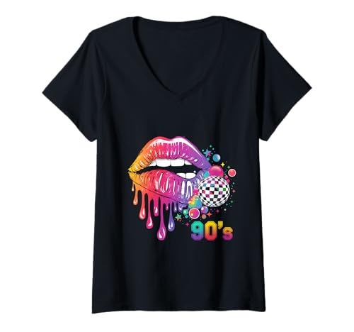 Damen 90's Karneval Kostüm Lippen 80er 90er Party T-Shirt mit V-Ausschnitt Damen 90's Karneval Kostüm Lippen 80er 90er Party T-Shirt mit V-Ausschnitt von 90er Jahre Party Kostüm 90's Mottoparty