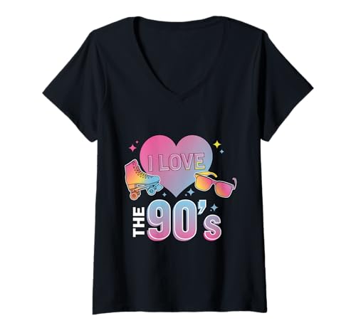 Damen I Love The 90's Karneval Kostüm 90er Party 80er T-Shirt mit V-Ausschnitt Damen I Love The 90's Karneval Kostüm 90er Party 80er T-Shirt mit V-Ausschnitt von 90er Jahre Party Kostüm 90's Mottoparty