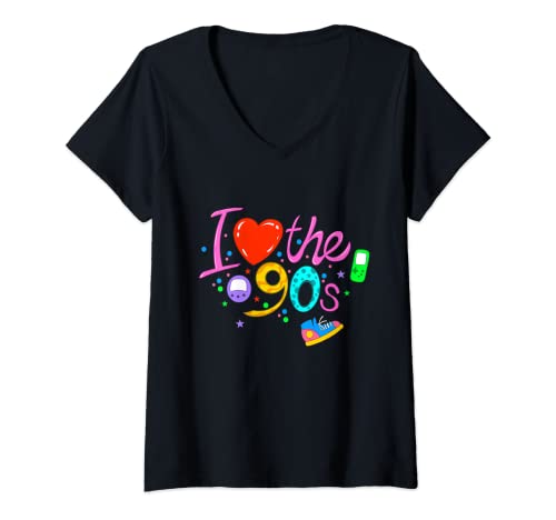 Damen I love the 90s 90er Party Outfit 90er Retro T-Shirt mit V-Ausschnitt von 90er Jahre Party Outfit 90s Oldschool