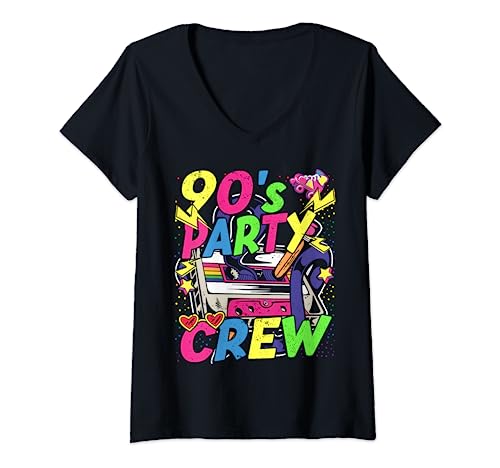 Damen 90er Jahre Outfit Party Crew Mottoparty Kostüm Damen Herren T-Shirt mit V-Ausschnitt von 90er Karneval Kostüm Fasching 90s Party Team