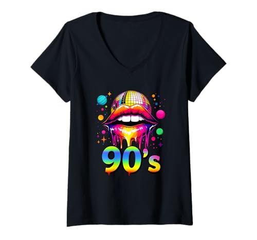 Damen 90er Kostüm 90er Jahre 90er Mottoparty T-Shirt mit V-Ausschnitt Damen 90er Kostüm 90er Jahre 90er Mottoparty T-Shirt mit V-Ausschnitt von 90er Mottoparty Outfit 90s Jahre Outfit