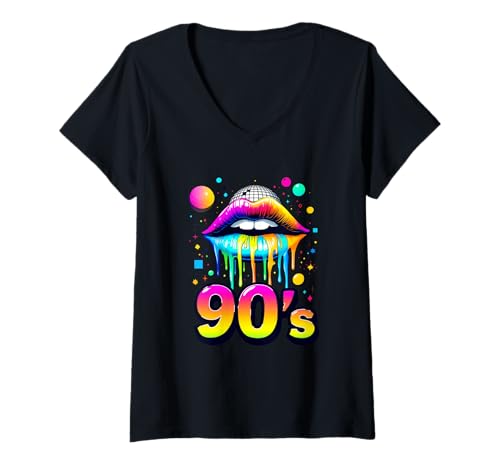 Damen 90er Kostüm 90er Jahre 90er Mottoparty T-Shirt mit V-Ausschnitt Damen 90er Kostüm 90er Jahre 90er Mottoparty T-Shirt mit V-Ausschnitt von 90er Mottoparty Outfit 90s Jahre Outfit