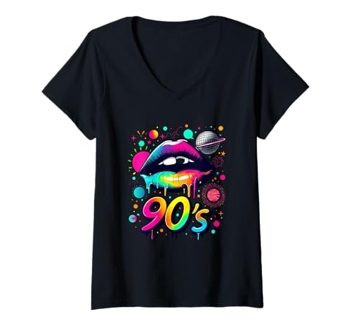 Damen 90er Kostüm 90er Jahre 90er Mottoparty T-Shirt mit V-Ausschnitt Damen 90er Kostüm 90er Jahre 90er Mottoparty T-Shirt mit V-Ausschnitt von 90er Mottoparty Outfit 90s Jahre Outfit