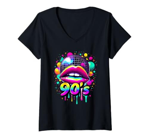 Damen 90er Kostüm 90er Jahre 90er Mottoparty T-Shirt mit V-Ausschnitt Damen 90er Kostüm 90er Jahre 90er Mottoparty T-Shirt mit V-Ausschnitt von 90er Mottoparty Outfit 90s Jahre Outfit