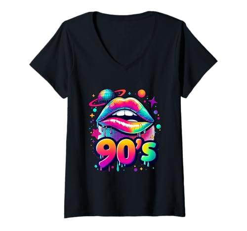 Damen 90er Kostüm 90er Jahre 90er Mottoparty T-Shirt mit V-Ausschnitt Damen 90er Kostüm 90er Jahre 90er Mottoparty T-Shirt mit V-Ausschnitt von 90er Mottoparty Outfit 90s Jahre Outfit
