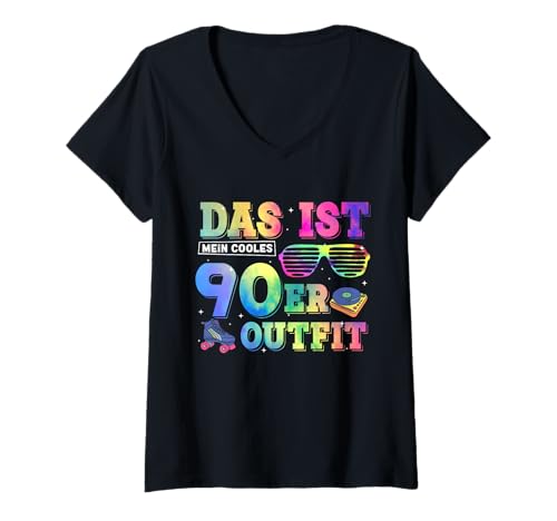 Damen 90er Outfit Mottoparty Retro Look Style Vintage Bunte Farben T-Shirt mit V-Ausschnitt von 90er Outfit Mottoparty Retro Vintage 90s Jahre