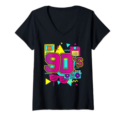 Damen 90er Party Outfit Mottoparty Kostüm T-Shirt mit V-Ausschnitt von 90er Party Outfit Damen und Herren