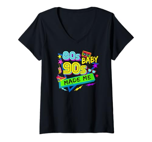 Damen 80er Jahre Baby but 90s Made Me Vintage Bunte Party Thema 90er Jahre T-Shirt mit V-Ausschnitt von 90s 70s 80s Vintage Outfits For Women Men Kids
