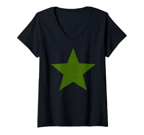 Damen Grunge Alternative Distressed Red Star 90er Rockmusik Grün T-Shirt mit V-Ausschnitt von 90s Grunge Alternative Rock designs