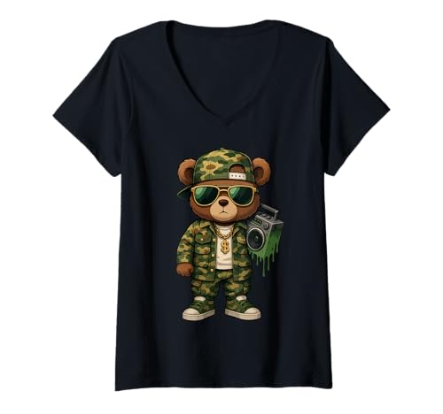 Damen Camouflage Rapper Teddybär Camo 80er Jahre Old School Hip Hop T-Shirt mit V-Ausschnitt Damen Camouflage Rapper Teddybär Camo 80er Jahre Old School Hip Hop T-Shirt mit V-Ausschnitt von 90s Hip Hop Rap Trap Music Artist Vintage Style