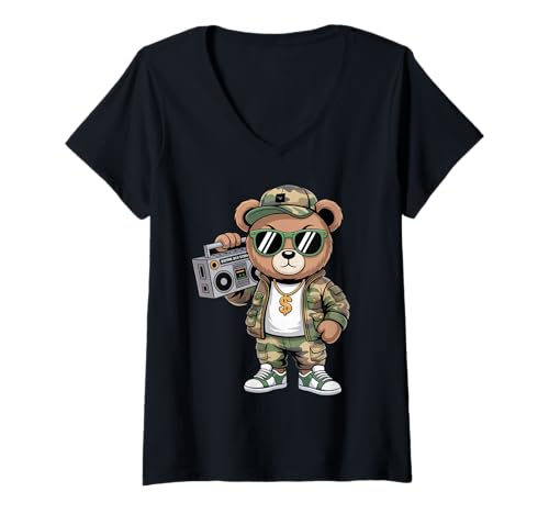 Damen Camouflage Rapper Teddybär Camo 80er Jahre Old School Hip Hop T-Shirt mit V-Ausschnitt Damen Camouflage Rapper Teddybär Camo 80er Jahre Old School Hip Hop T-Shirt mit V-Ausschnitt von 90s Hip Hop Rap Trap Music Artist Vintage Style
