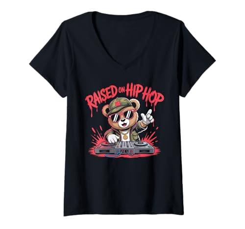 Damen Camouflage Rapper Teddybär Camo 80er Jahre Old School Hip Hop T-Shirt mit V-Ausschnitt Damen Camouflage Rapper Teddybär Camo 80er Jahre Old School Hip Hop T-Shirt mit V-Ausschnitt von 90s Hip Hop Rap Trap Music Artist Vintage Style