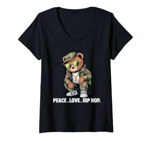 Damen Camouflage Rapper Teddybär Camo 80er Jahre Old School Hip Hop T-Shirt mit V-Ausschnitt Damen Camouflage Rapper Teddybär Camo 80er Jahre Old School Hip Hop T-Shirt mit V-Ausschnitt von 90s Hip Hop Rap Trap Music Artist Vintage Style