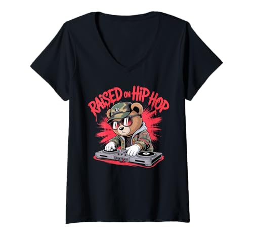 Damen Camouflage Rapper Teddybär Camo 80er Jahre Old School Hip Hop T-Shirt mit V-Ausschnitt Damen Camouflage Rapper Teddybär Camo 80er Jahre Old School Hip Hop T-Shirt mit V-Ausschnitt von 90s Hip Hop Rap Trap Music Artist Vintage Style