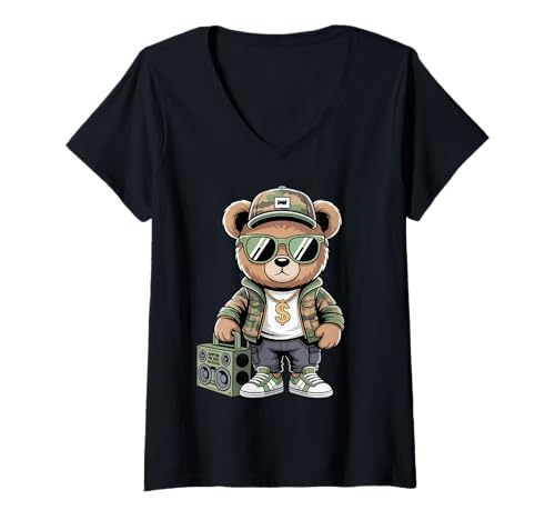 Damen Camouflage Rapper Teddybär Camo 80er Jahre Old School Hip Hop T-Shirt mit V-Ausschnitt Damen Camouflage Rapper Teddybär Camo 80er Jahre Old School Hip Hop T-Shirt mit V-Ausschnitt von 90s Hip Hop Rap Trap Music Artist Vintage Style