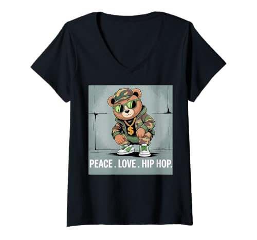 Damen Camouflage Rapper Teddybär Camo 80er Jahre Old School Hip Hop T-Shirt mit V-Ausschnitt Damen Camouflage Rapper Teddybär Camo 80er Jahre Old School Hip Hop T-Shirt mit V-Ausschnitt von 90s Hip Hop Rap Trap Music Artist Vintage Style