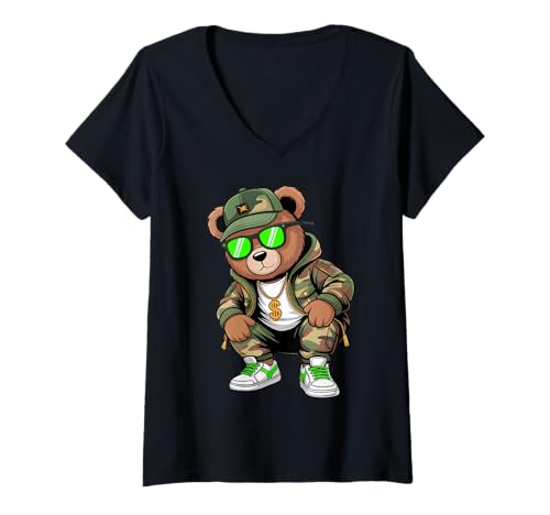 Damen Camouflage Rapper Teddybär Camo 80er Jahre Old School Hip Hop T-Shirt mit V-Ausschnitt Damen Camouflage Rapper Teddybär Camo 80er Jahre Old School Hip Hop T-Shirt mit V-Ausschnitt von 90s Hip Hop Rap Trap Music Artist Vintage Style