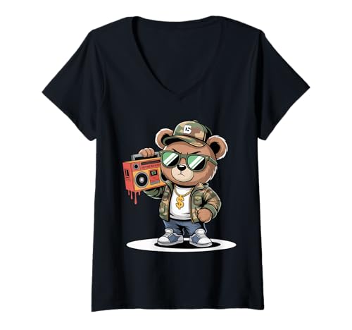 Damen Camouflage Rapper Teddybär Camo 80er Jahre Old School Hip Hop T-Shirt mit V-Ausschnitt Damen Camouflage Rapper Teddybär Camo 80er Jahre Old School Hip Hop T-Shirt mit V-Ausschnitt von 90s Hip Hop Rap Trap Music Artist Vintage Style