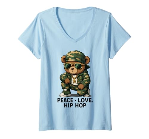 Damen Camouflage Rapper Teddybär Camo 80er Jahre Old School Hip Hop T-Shirt mit V-Ausschnitt Damen Camouflage Rapper Teddybär Camo 80er Jahre Old School Hip Hop T-Shirt mit V-Ausschnitt von 90s Hip Hop Rap Trap Music Artist Vintage Style