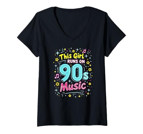 Damen This Girl Runs On 90s Music Spaß Retro Sterne T-Shirt mit V-Ausschnitt von 90s Nostalgia Music Apparel for Retro Fans
