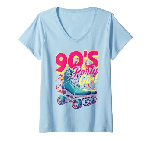 Damen 90s Party Girl Retro 90er Damen Mädchen Mottoparty Tanzen T-Shirt mit V-Ausschnitt von 90s Party Girl Damen Retro Frauen 90er Mottoparty
