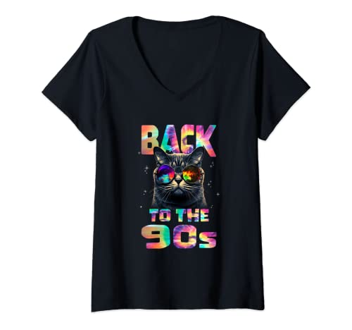 Damen Trippy Trance 90er Party Outfit mit verrückter Techno Katze T-Shirt mit V-Ausschnitt von 90s Rave Oldschool Techno Goa 1990 trippy Mushroom
