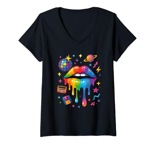 Damen 90er Jahre Retro Pop Art Rainbow Lippen Nostalgie Kostüm 90s T-Shirt mit V-Ausschnitt Damen 90er Jahre Retro Pop Art Rainbow Lippen Nostalgie Kostüm 90s T-Shirt mit V-Ausschnitt von 90s Throwback Party Costume Retro Happy Rainbow