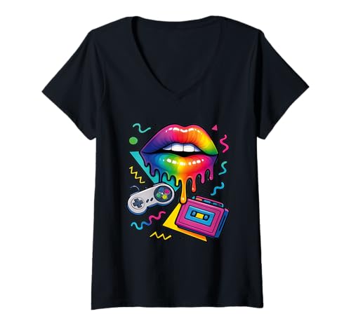 Damen 90er Jahre Retro Pop Art Rainbow Lippen Nostalgie Kostüm 90s T-Shirt mit V-Ausschnitt Damen 90er Jahre Retro Pop Art Rainbow Lippen Nostalgie Kostüm 90s T-Shirt mit V-Ausschnitt von 90s Throwback Party Costume Retro Happy Rainbow