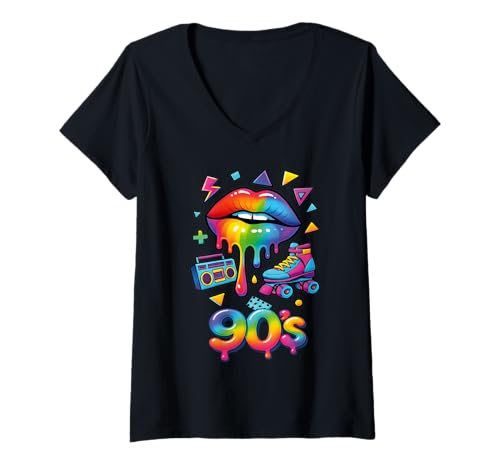 Damen 90er Jahre Retro Pop Art Rainbow Lippen Nostalgie Kostüm 90s T-Shirt mit V-Ausschnitt Damen 90er Jahre Retro Pop Art Rainbow Lippen Nostalgie Kostüm 90s T-Shirt mit V-Ausschnitt von 90s Throwback Party Costume Retro Happy Rainbow