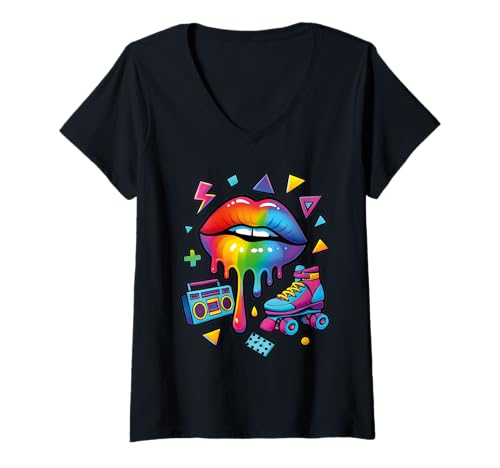 Damen 90er Jahre Retro Pop Art Rainbow Lippen Nostalgie Kostüm 90s T-Shirt mit V-Ausschnitt Damen 90er Jahre Retro Pop Art Rainbow Lippen Nostalgie Kostüm 90s T-Shirt mit V-Ausschnitt von 90s Throwback Party Costume Retro Happy Rainbow