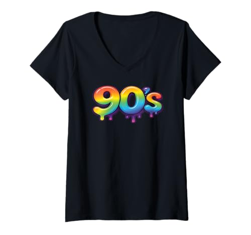 Damen 90er Jahre Retro Pop Art Rainbow Lippen Nostalgie Kostüm 90s T-Shirt mit V-Ausschnitt Damen 90er Jahre Retro Pop Art Rainbow Lippen Nostalgie Kostüm 90s T-Shirt mit V-Ausschnitt von 90s Throwback Party Costume Retro Happy Rainbow