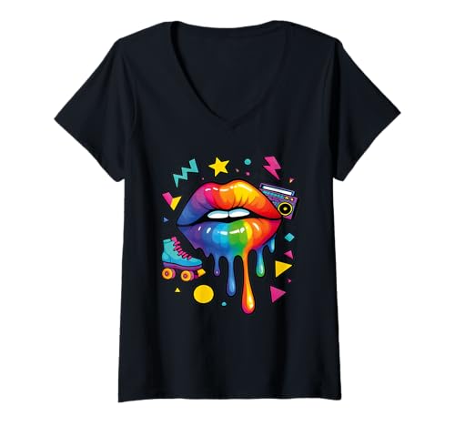 Damen 90er Jahre Retro Pop Art Rainbow Lippen Nostalgie Kostüm 90s T-Shirt mit V-Ausschnitt Damen 90er Jahre Retro Pop Art Rainbow Lippen Nostalgie Kostüm 90s T-Shirt mit V-Ausschnitt von 90s Throwback Party Costume Retro Happy Rainbow
