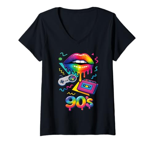 Damen 90er Jahre Retro Pop Art Rainbow Lippen Nostalgie Kostüm 90s T-Shirt mit V-Ausschnitt Damen 90er Jahre Retro Pop Art Rainbow Lippen Nostalgie Kostüm 90s T-Shirt mit V-Ausschnitt von 90s Throwback Party Costume Retro Happy Rainbow