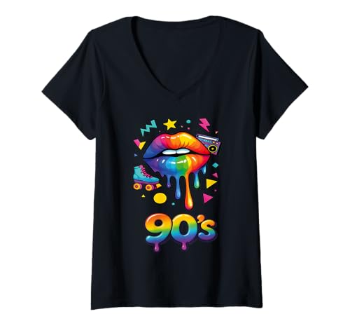 Damen 90er Jahre Retro Pop Art Rainbow Lippen Nostalgie Kostüm 90s T-Shirt mit V-Ausschnitt von 90s Throwback Party Costume Retro Happy Rainbow
